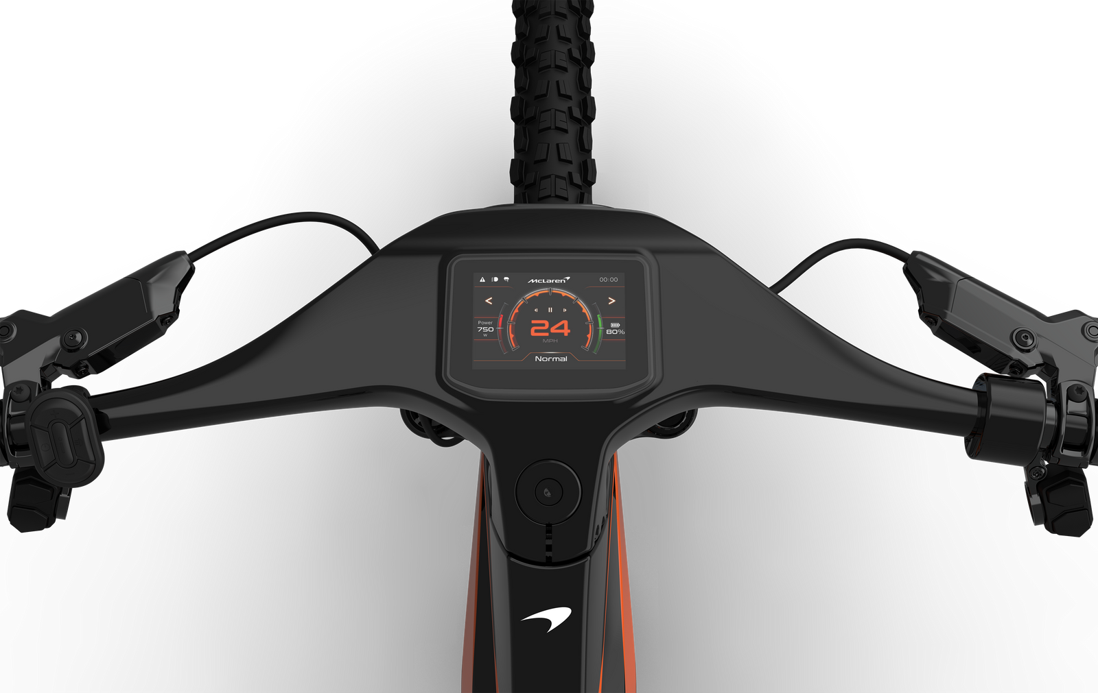 Close-up view of integrated McLaren eMTB cockpit and high-quality digital display cluster featuring eMTB battery charge level, speed, and other rider functions.