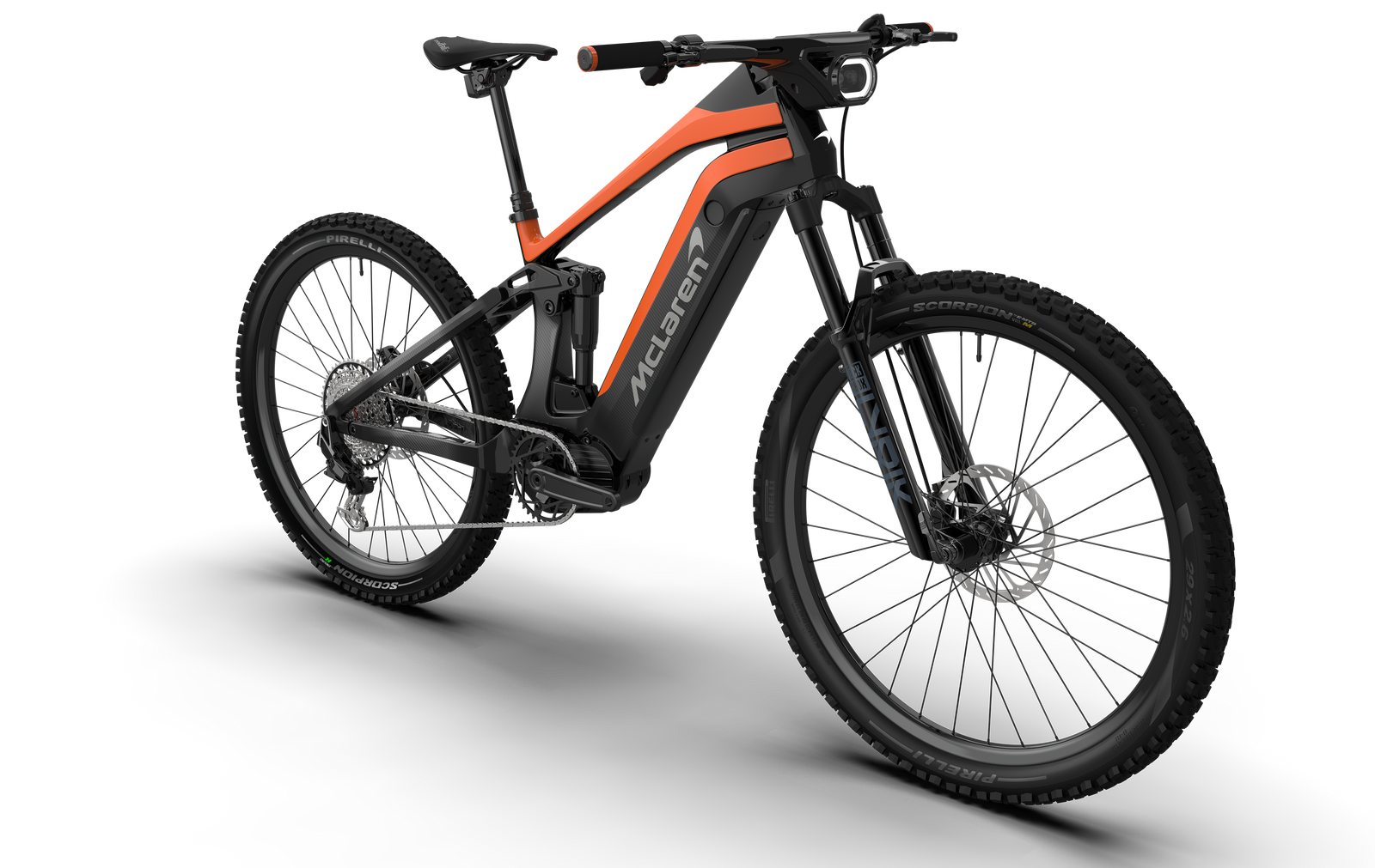 Three-quarter angled view of the McLaren Extreme eMTB with powerful 250W motor highlighting the RockShox Lyrik fork and integrated headlight. 