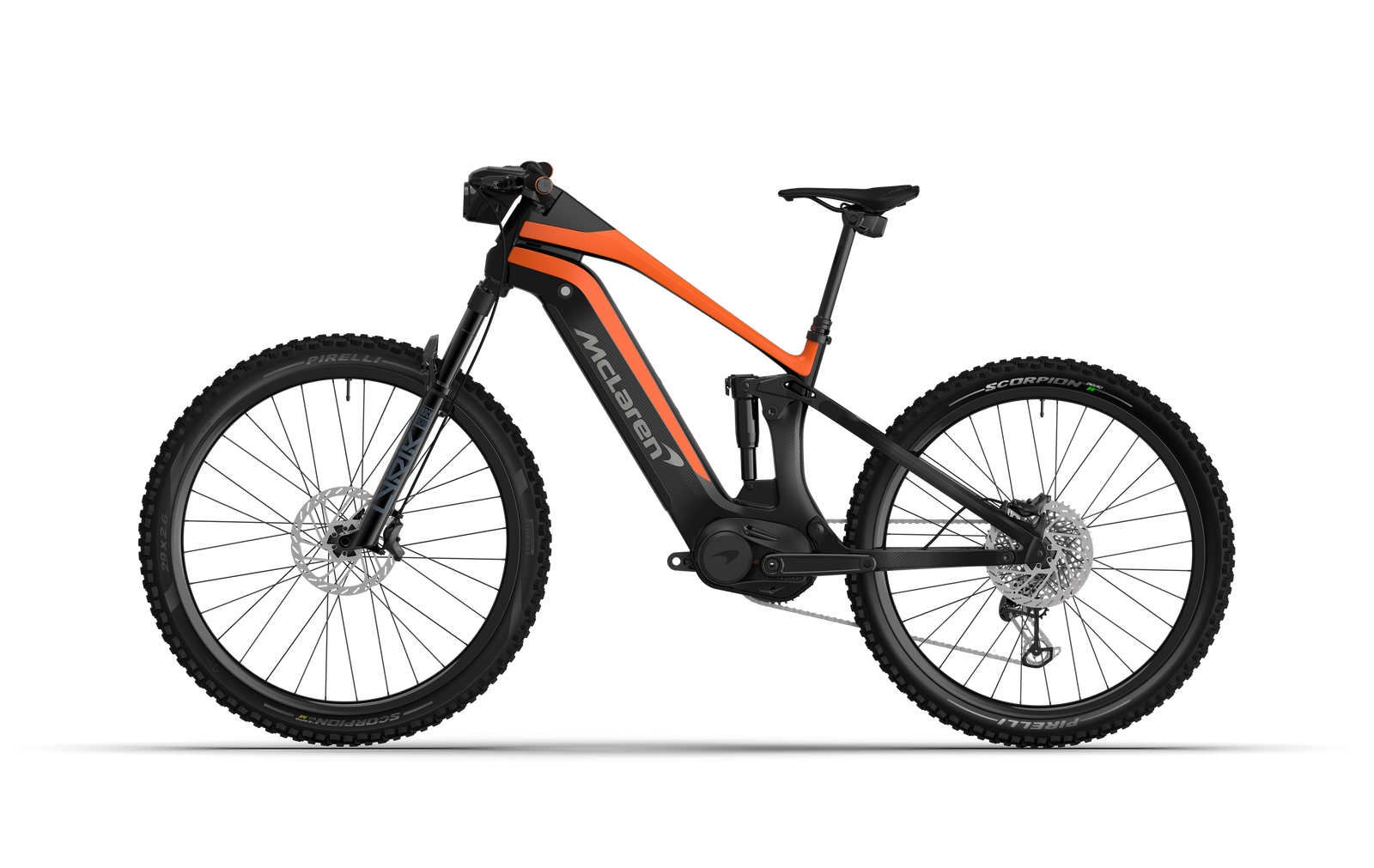 Non-drive side view of the McLaren Extreme eMTB featuring a 600W motor, 160mm of front and 145mm rear travel, and robust but lightweight carbon frame wrapped in 3k carbon weave.
