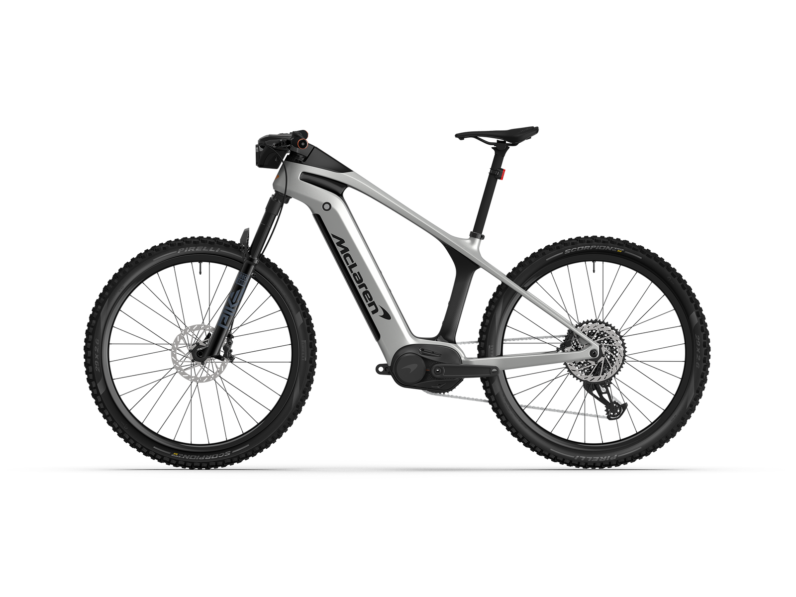 Non-drive side view of the bright silver and naked carbon McLaren 29er hardtail with custom 250W motor producing 121 Nm torque. 