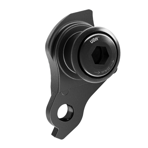 Three-quarter view of the SRAM Universal Derailleur Hanger UDH in matte black for the McLaren Sport electric mountain bike.